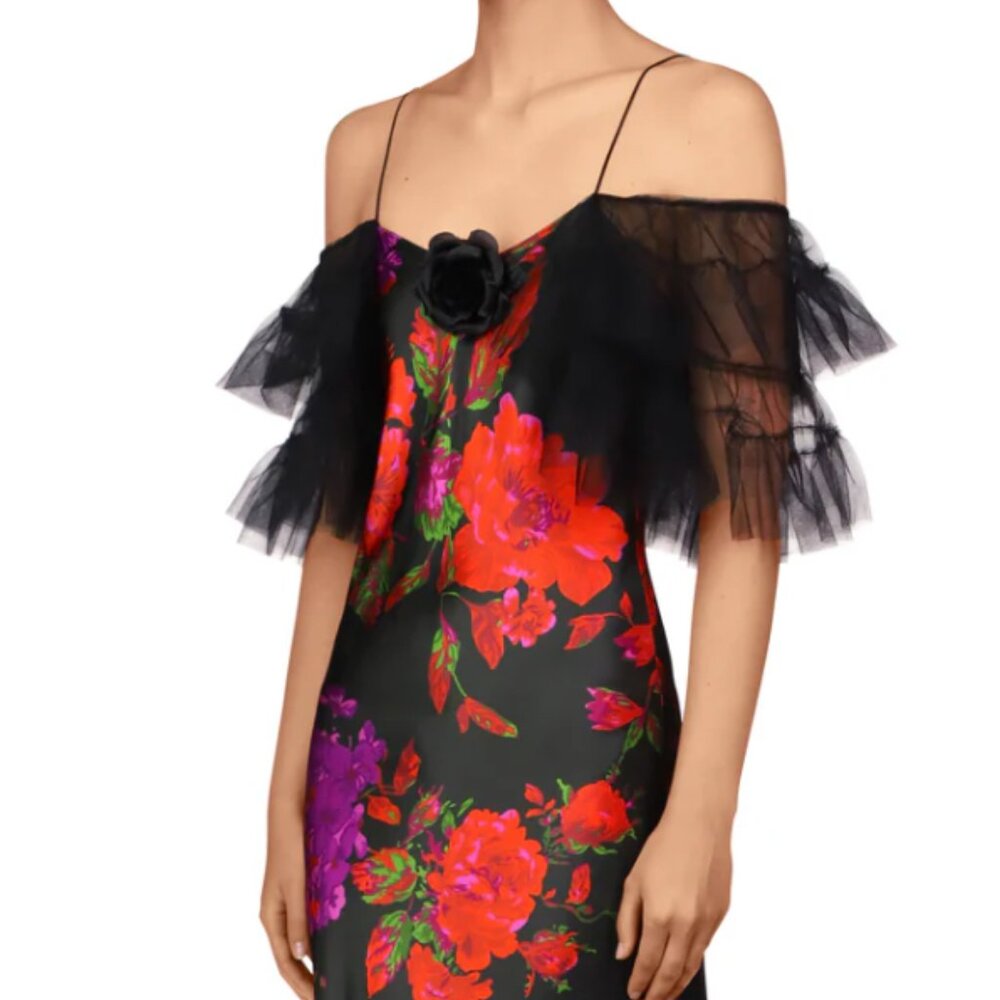 RODARTE Floral Printed Silk Slip Gown With Ruffle Sleeves And Silk Flower